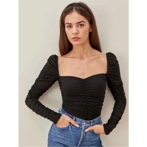 Reformation Esra Long Sleeve Ruched Knit Top in Black Size Small